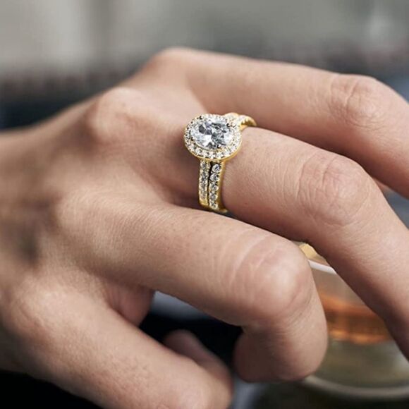 18K Yellow Gold .925 Sterling Silver and Diamond Cubic Zirconia Wedding Band Set - Picture 6 of 7